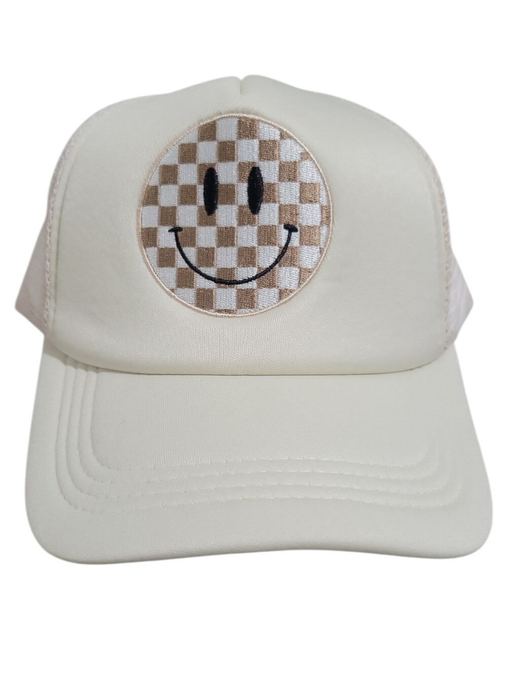 Smiley Face Embroidered Foam Adjustable Trucker Hat New Cream Tan Unisex - Picture 2 of 7